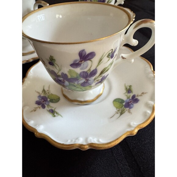 Hackefors  Swedish Porcelain Dematasse Cups and Saucers Violet Pattern set of 3 - Picture 2 of 5